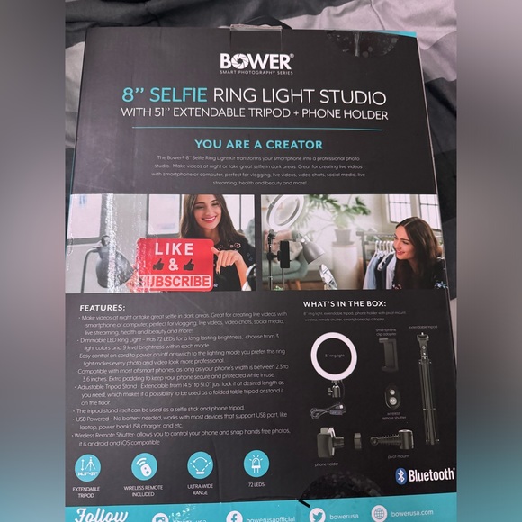 Bower 8”Selfie Ring Light Studio Extendable Tripod with wireless remote control - Picture 8 of 11